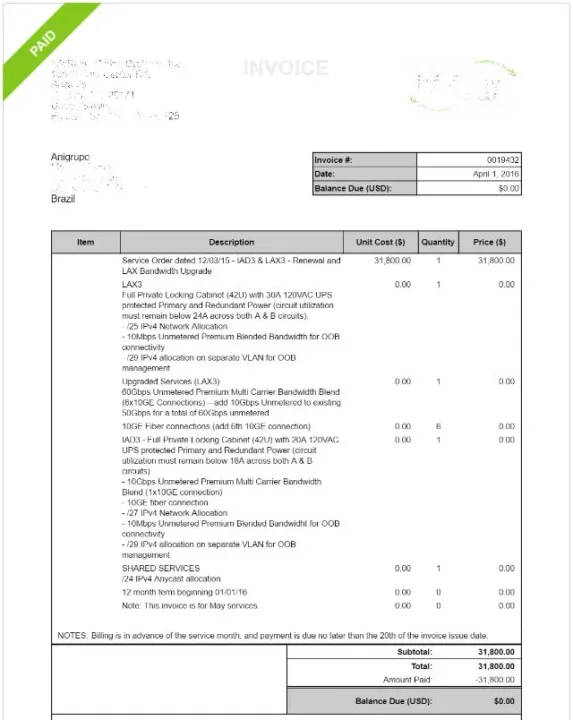 Invoice compra AniTube