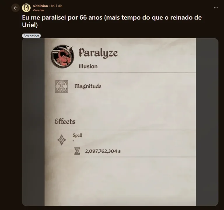 Erro de Magia paralisa jogador de Oblivion Remastered